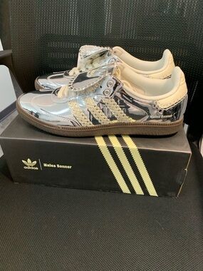 adidas Silver Metallic Samba with Cream Braided Stripes